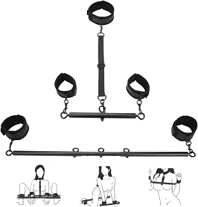SMD Soumission Totale, Wrist & Ankle Spreader Bars with Cuffs & Collar, BDSM Μπάρες Ακινητοποιήσης Καρπών & Μηρού, Black