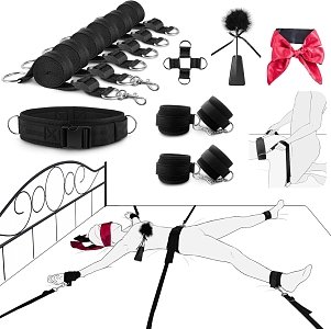 SMD Tough Measures, Full Bed Restraint Set With Cross Strap, Wrist & Ankle Cuffs, Feather Tickler & Blindfold, Black