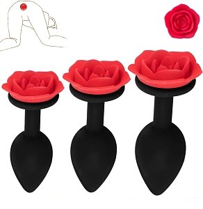 SMD Analyzer Rose Triple, Butt Plug Set, Πρωκτική Σφήνα από Σιλικόνη Σετ των 3 (S / M / L ), Βlack / Red Rose