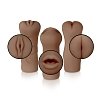 SMD Vixen Trio Fun, Set of 3 Masturbators with 3D Textured Realistic Pussy, Ass & Mouth + Vibrating Ring, Brown